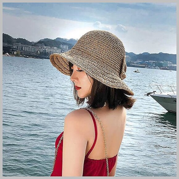 Wide Brim Floppy Straw Beach Sun Hat 2 Pack Khaki & Black - Picture 8 of 9